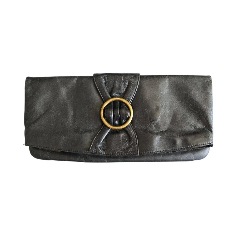 Hobo International Gwyneth Foldover Bow Clutch in black polished leather EUC